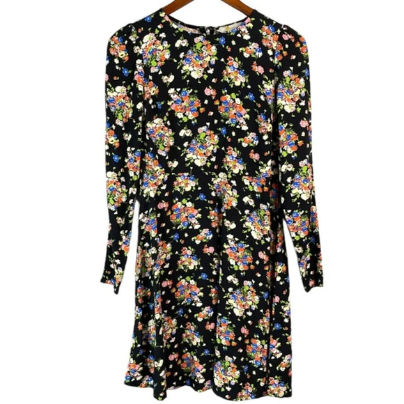 BODEN Wild Cluster Floral Print Crew Neck Fit and Flare Dress Black Swiss Dot 4 - Picture 2 of 14